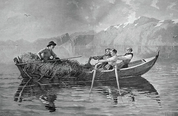 Boat ride with harvested grass, woodcut circa 1871