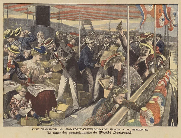 A boat trip on the Seine from Paris to Saint Germain for employees of Le Petit Journal (colour litho)