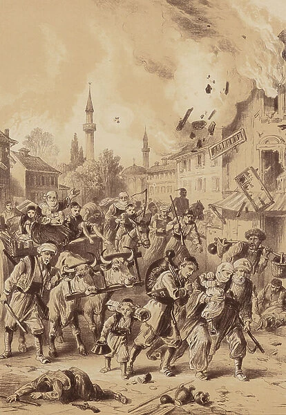 Bombardment of Ruse, Bulgaria, 1877 (litho)
