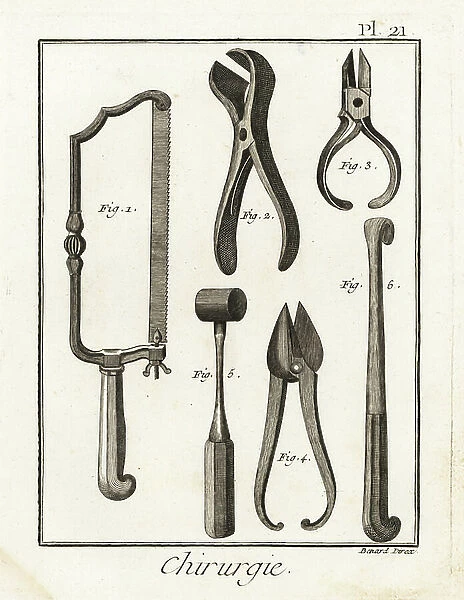 Bone saw, pliers, scissors, mallet and hook for childbirth - Plate taken from ' L'Encyclopedie' by Denis Diderot (1713-1784) and Jean Le Rond D'Alembert (1717-1783), 1779 - Bone saw 1, pincers 2, 3, scissors 4