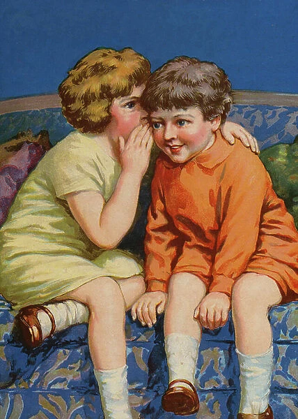 Boy and girl on a sofa exchanging secrets (colour litho)