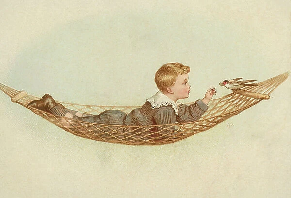 Boy lying in a hammock feeding a bird (chromolitho)