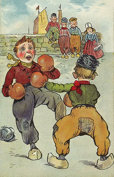 Boys boxing (colour litho)