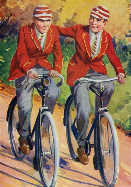 Boys in school uniform, bicycling (colour litho)