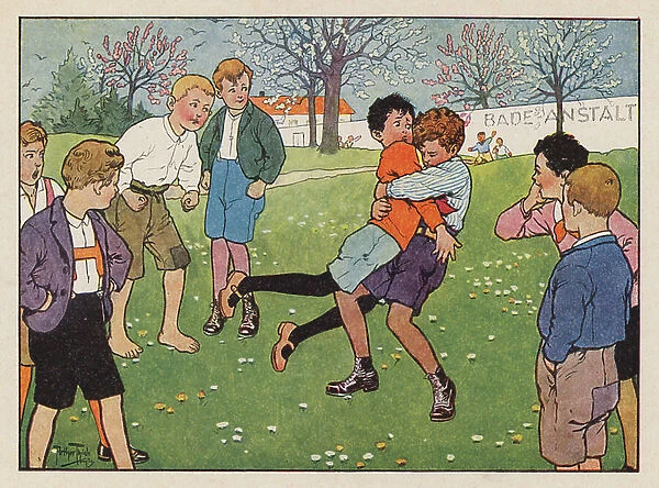 Boys wrestling (colour litho)