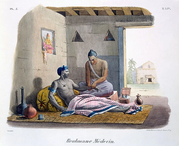 A Brahmin doctor taking a pulse, 1827-35 (colour litho)