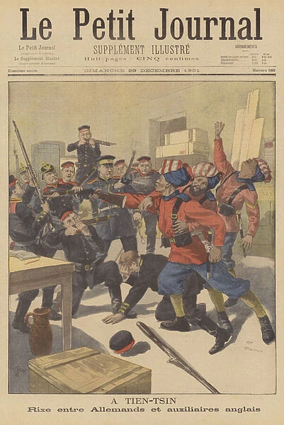 Brawl between German and Indian troops in Tianjin, China (colour litho)