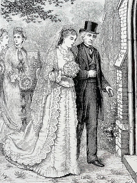 The bride entering the church with her father, 1876 (engraving)