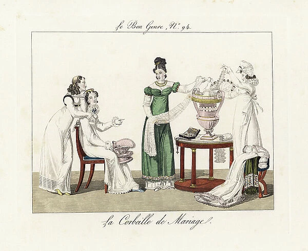 Bride examining the contents of her marriage basket. Her bridesmaids show her lace, jewelry, diaments and finery. Handcoloured engraving from Pierre de la Mesanger's Le Bon Genre, Paris, 1817