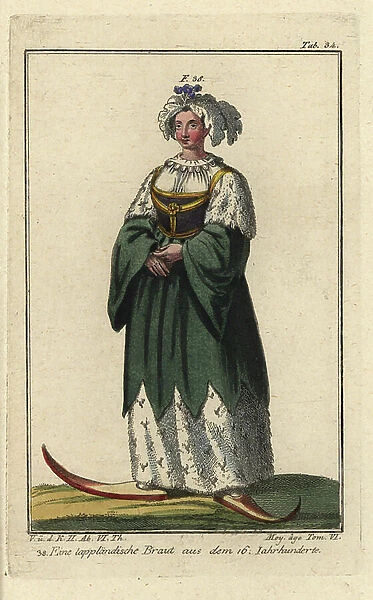 Bride from Lapland wearing a dress of ermine and sable, and a headdress of fur cut to look like feathers. in the 1600s. Handcolored copperplate engraving from Robert von Spalart's ' Historical Picture of the Costumes of the Peoples of Antiquity