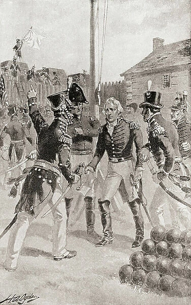 Brigadier General William Hull surrenders the fort and town of Detroit, Michigan, America during The Siege of Detroit, aka the Surrender of Detroit, or the Battle of Fort Detroit, an early engagement in the Anglo-American War of 1812