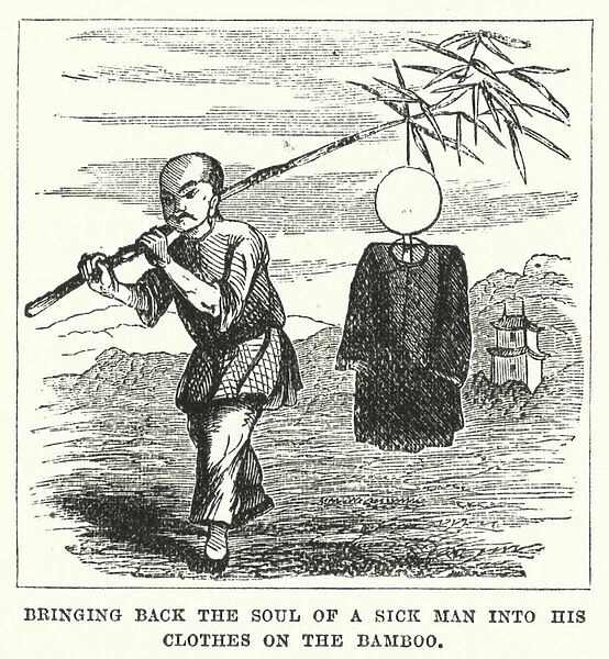 Bringing back the Soul of a Sick Man into His Clothes on the Bamboo (engraving)