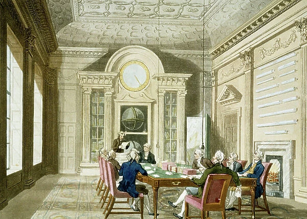 The British Admiraut's administration room. Coloured etching published on January 1, 1808, after Thomas Rowlandson (1756-1827) and Augustus Charles Pugin (1762-1832)