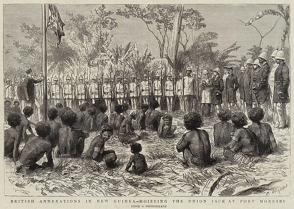 British Annexations in New Guinea, Hoisting the Union Jack at Port Moresby (engraving)