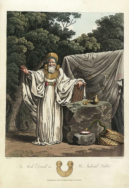 British Antiquite (pre-Roman period, before 1st century): A Druid archi in a judge's costume, in front of an altar with the instruments of his function - Forte Water by Robert Havell (1793-1878)