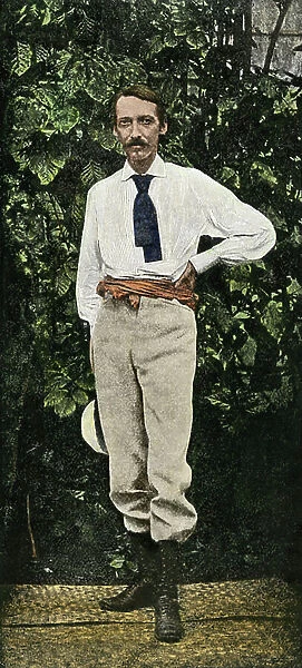British author Robert Louis Stevenson (1850-1894) in Samoa, about 1890. Hand-colored halftone reproduction of a 19th-century photograph