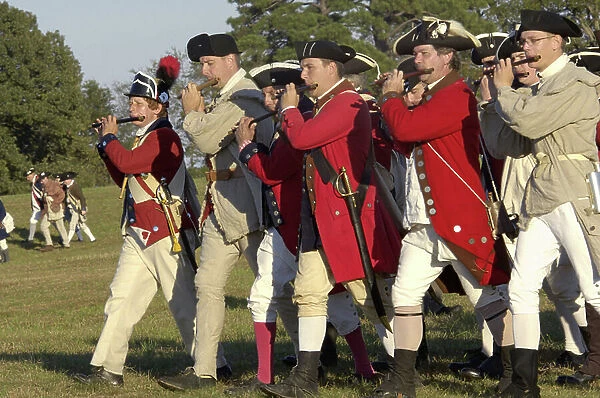 British fifers marching in a reenactment on the Yorktown battlefield, Virginia
