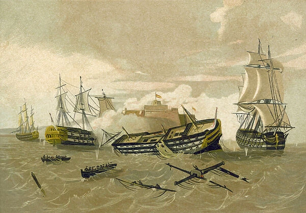 British fleet attacking Castillo del Morro, Cuba, 1761 (chromolitho)