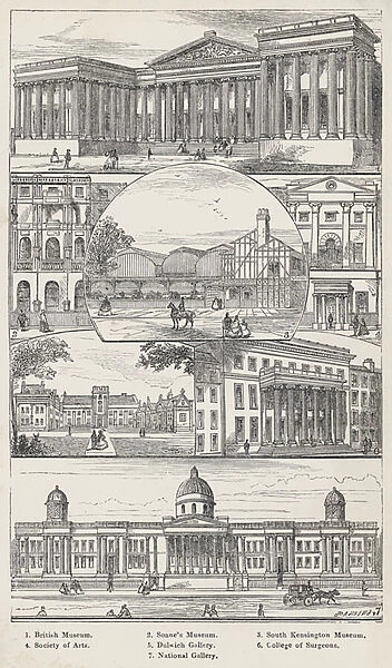 British Museum, Soanes Museum, South Kensington Museum, Society of Arts, Dulwich Gallery, College of Surgeons, National Gallery (engraving)