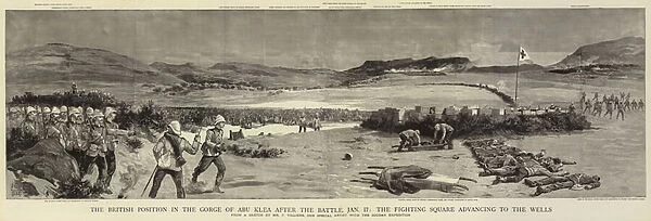 The British Position in the Gorge of Abu Klea after the Battle, 17 January, the Fighting Square advancing to the Wells (engraving)