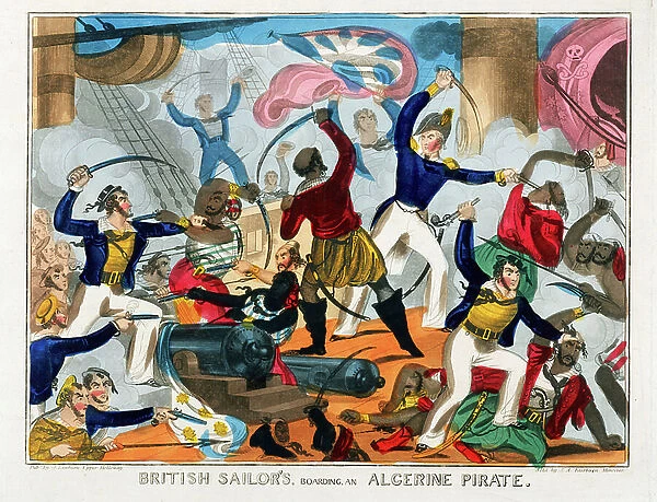 British sailors boarding an Algerine pirate ship (coloured engraving)