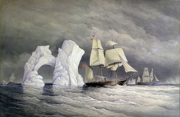 British ships Phoenix, Talbot, and Diligence crossing an iceberg (Arctic Canada). Watercolor (58x88 cm), by Edward Augustus Inglefield (1820-1894), 19th century