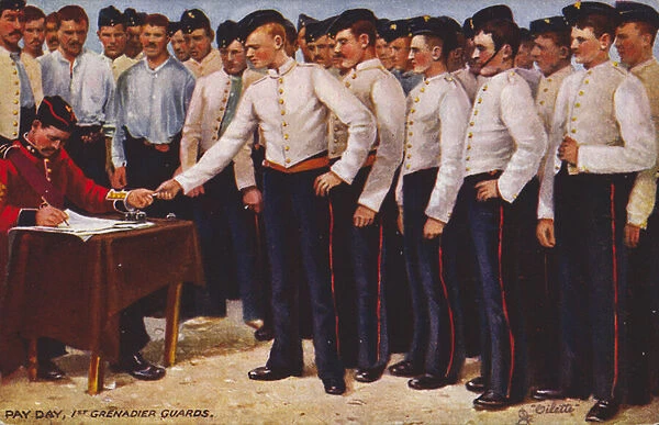 British soldiers of the 1st Grenadier Guards receiving their pay (colour litho)