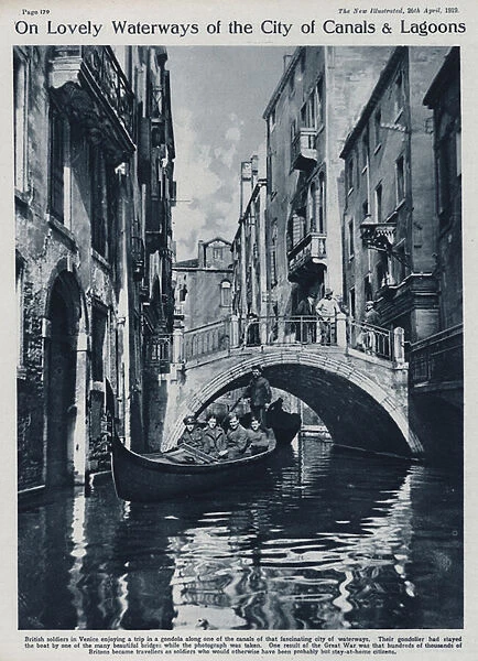 British soldiers enjoying a gondola trip on the canals of Venice, Italy (b  /  w photo)