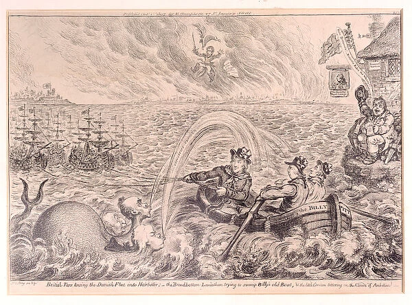 British Tars Towing the Danish Fleet into Harbour, 1807 (etching)