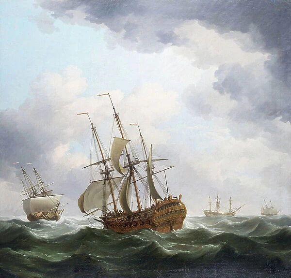 A British trading ship from the East India Company, caught in a storm wind. Oil on canvas, 18th century, by Charles Brooking (1723-1759)