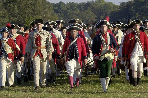 British troops marching in a reenactment on the Yorktown battlefield, Virginia