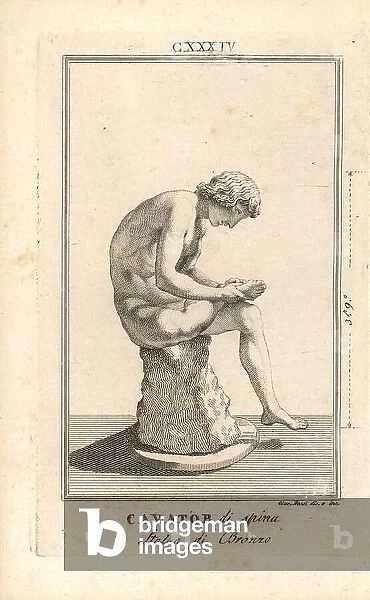 Bronze statue of a young man removing a thorn from his foot. Copperplate engraving after an illustration by Giacomo Bossi from Pietro Paolo Montagnani-Mirabilii's Il Museo Capitolino (The Capitoline Museum), Rome, 1820