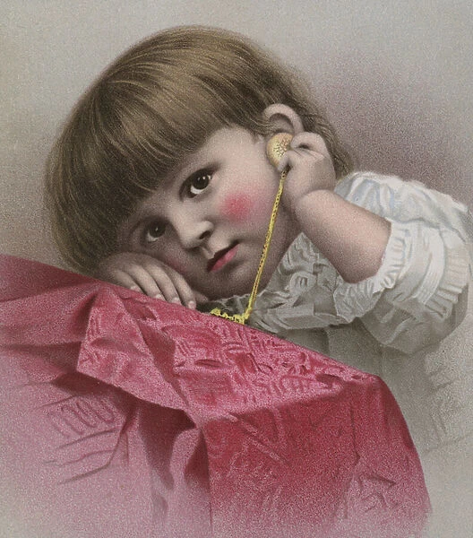 Brown-haired, big-eyed child listening to the tick of a gold watch (chromolitho)