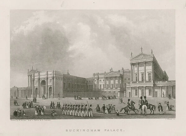 Buckingham Palace, drawing by Hablot Browne, engraved by J. Woods, 1837 (engraving)