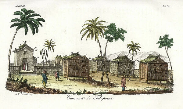 Buddhist monastery of straw huts and temple in the Kingdom of Siam, Thailand. The monks are called Talapoini or bonzi. Handcoloured copperplate drawn and engraved by Andrea Bernieri from Giulio Ferrario's Ancient
