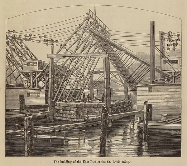 The building of the East Pier of the St Louis Bridge (engraving)
