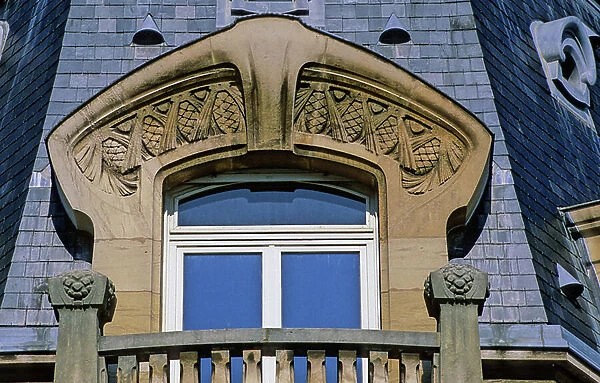 Detail of the building Les Pins, 2 rue Albin Haller in Nancy (Meurthe and Moselle). Architect Emile Andre (1871-1933), 1912. In Nancy, Art Nouveau takes the name of Ecole de Nancy, or Alliance provincial des industries d'art