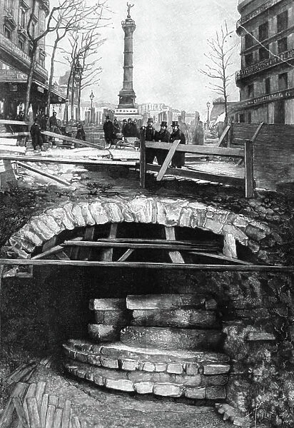 Building of the subway in Paris here at the Bastille square on october 14, 1899, engraving