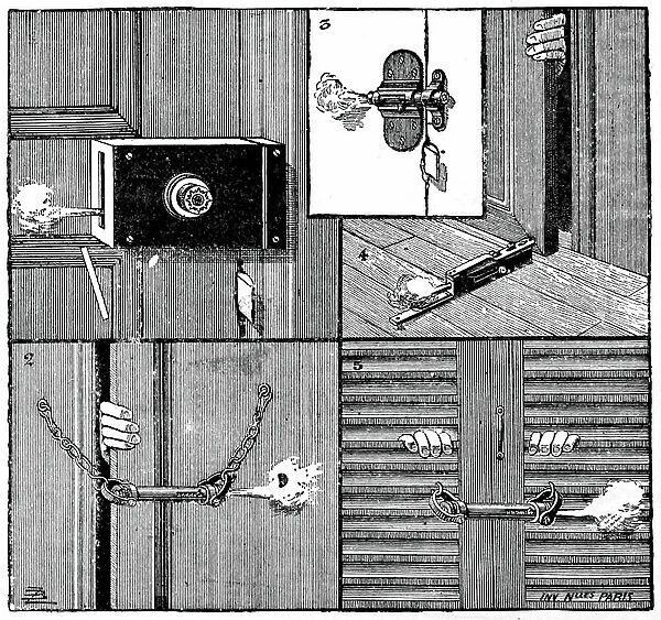 A burglar activating a basic home security locking system, 1850