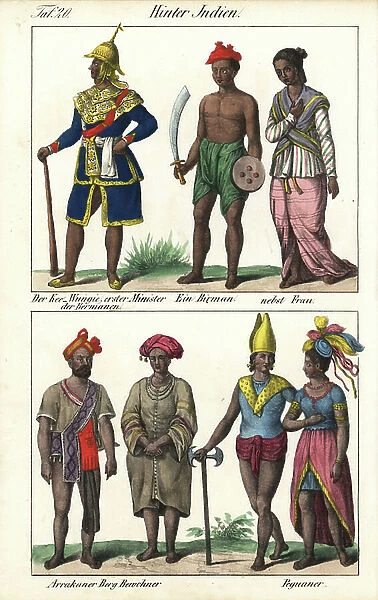 Burma costumes (Myanmar): the Prime Minister, a Burmese armed with a sword and a small shield with his wife, a mountain couple and a couple of Bago. Lithography for the book