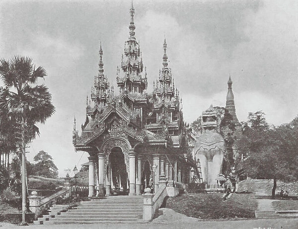 Burmah  /  Myanmar: Entrance to the Shwe Dagon Pagoda (b / w photo)