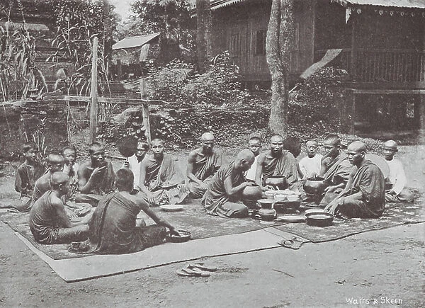 Burmah  /  Myanmar: Group of Phongyees at Breakfast (b / w photo)