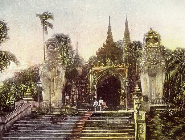 Burmah  /  Myanmar: Old Entrance to the Shwe Dagon Pagoda (colour photo)