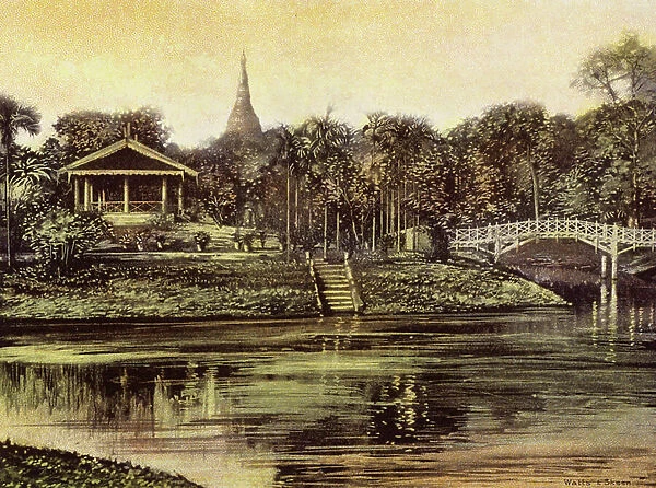Burmah  /  Myanmar: The Pagoda from the Cantonment Gardens (colour photo)