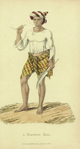 Burmese man in cotton jacket and silk plaid loincloth, smoking a cheroot or segar (cigar). His loins are tattooed and his ear lobes pierced. Handcoloured copperplate engraving by an unknown artist from ' Asiatic Costumes, ' Ackermann, London, 1828