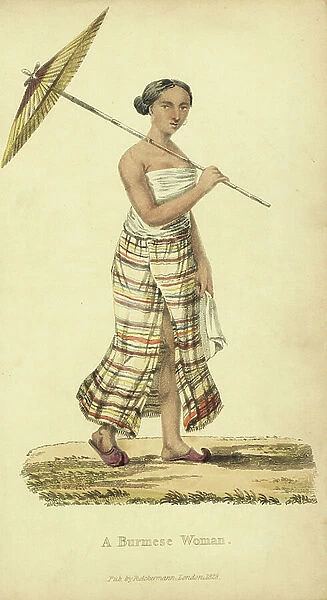 Burmese woman in long loose striped silk petticoat, wearing slippers and carrying an umbrella. She wears painted fingernails and sandalwood perfume. Handcoloured copperplate engraving by an unknown artist from ' Asiatic Costumes, ' Ackermann