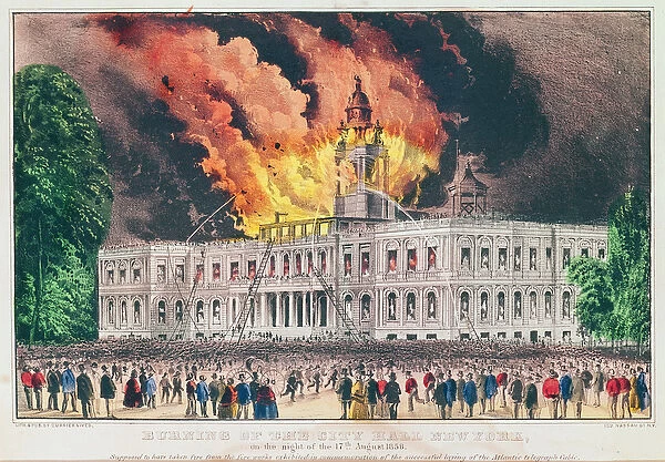 Burning of the City Hall, New York, on the night of the 17th August 1858 (colour litho)