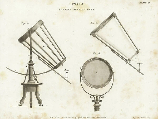 Burning lens built in 1782 by William Parker, the London instrument maker. According to Parker, the optical glass melted platinum in 30 seconds. Copperplate engraving by Wilson Lowry from Abraham Rees Cyclopedia or Universal Dictionary of Arts