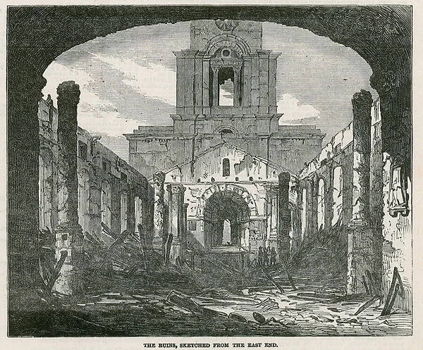 The burning of St Annes Church in Limehouse (engraving)