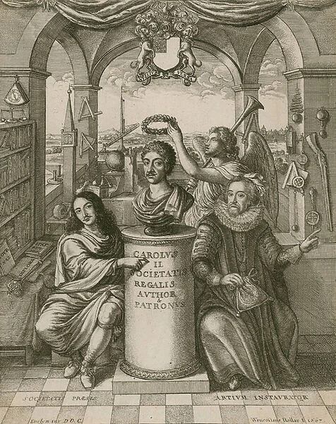 Bust of Charles II, with Lord Brouncker (left), the first President of the Royal Society, and Francis Bacon (right) (engraving)